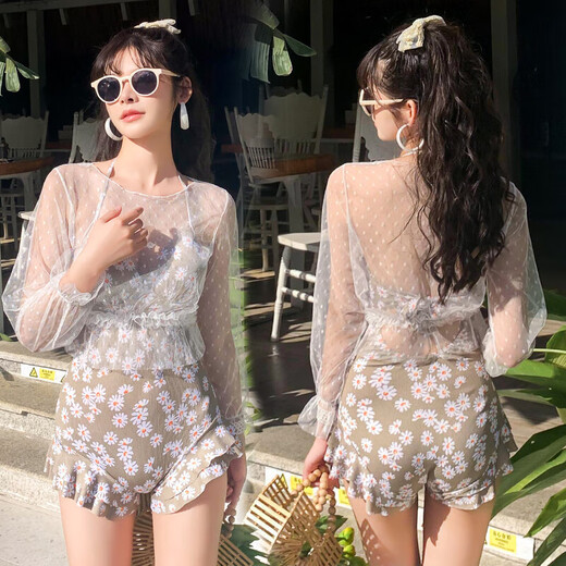 连体遮肚显瘦泡温泉小胸性感保守学生长袖罩衫大码泳衣女装泳衣 湖蓝色 XL 【105-120斤】