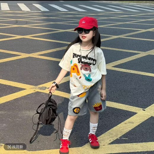 Apocalypse Century Girl Summer Street gebratenes Set 2025 Neues Mädchen Loose Cartoon Kurzarm T-Shirt Denim Medium Hosen Zweiteiler Set Trendy 8 weiße Weste [Single] 150 Größe für Höhe von etwa 1,45 Metern geeignet