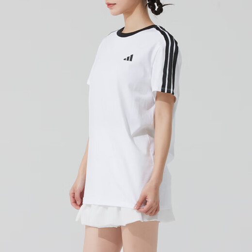 阿迪达斯 （adidas）女三条纹运动套装 夏季潮流时尚瑜伽跑步健身训练服舒适休闲衣裤 白色短袖T恤+黑色短裤/两件套 L