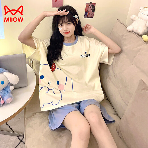 猫人睡衣女自带胸垫一体短袖短裤两件套2025夏季新款甜美风家居服套装 693黑笑脸 2XL 【建议125-150斤】