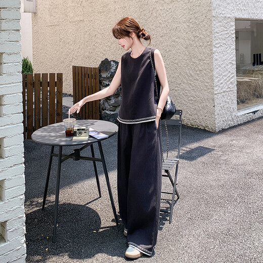 La Chapelle (La Chapelle) Costume de vinaigrette de style coréen pour les femmes en été 2025 Nouveau pantalon de gilet de tempérament décontracté à jambes larges en deux pièces Set Blue et Grey Vest + Pants S (105jin [Jin est égal à 0,5 kg]))