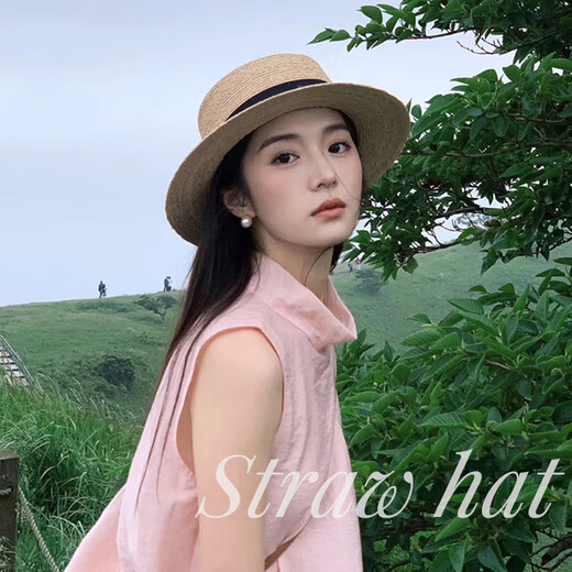 啄木鸟（TUCANO）法式平顶草帽女夏季2025新款大头围海边沙滩礼帽编织防晒太阳帽子 凹顶黑-升级款软顶【模特同款】 均码可调节（54-58cm）