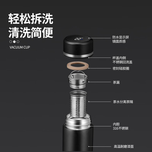 Termos de acero inoxidable 316 Copa de agua inteligente para hombres y femeninos Copa casera mayorista a gran capacidad Personalización de regalos portátiles 304 Estilo de no temperatura - Negro 500ml 500ml