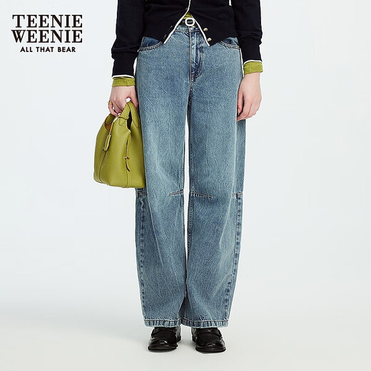 
Teenie Weenie Bear Women's Jeans 2025 Autumn New Retro Washed Slack Comfort Pants Light Blue L
