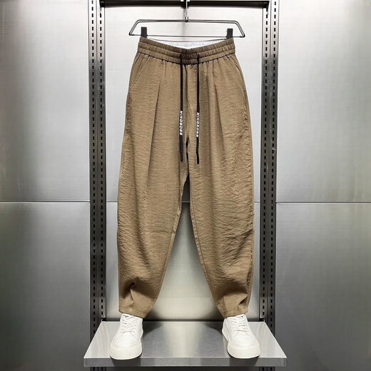Que Sheng Summer New Cotton und Leinen extrem dünn atmungsaktive, hängende Casualhosen für die trendy losen, geradlinigen Haruna-Karottenhose Khaki + Green [zweiteiler] XL [Empfohlen 115-130jin [Jin gleich 0,5 kg]]
