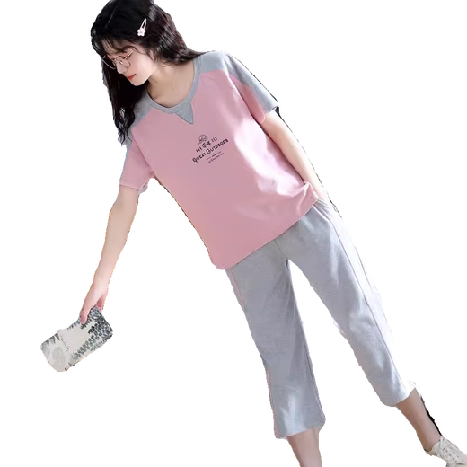 简方位免穿文胸睡衣女夏季纯棉短袖七分裤女士可外穿自带胸垫家居 带胸垫七分：679-芭比熊 M 码75-95斤左右