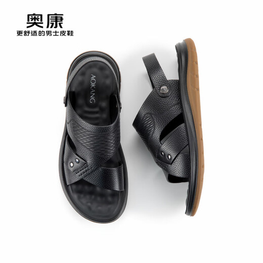奥康（Aokang）官方男鞋 2024夏季新款时尚休闲凉鞋男真皮软底舒适透气沙滩鞋 黑色1243721145 39