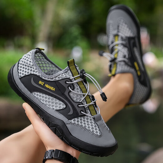 Remtin hollow summer men's shoes new sandals mesh non-slip breathable casual outdoor large net sports shoes 1276 gray (recommended to increase one size to shoot) 39