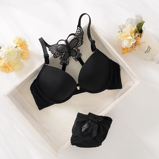 Modal beautiful back Korean style underwear for women with front buckles and crossed backless without marks for young women's sense thickened lace bra set Rose red butterfly underwear 70A 32b (recommended 80-90Jin [Jin equals 0.5 kg])