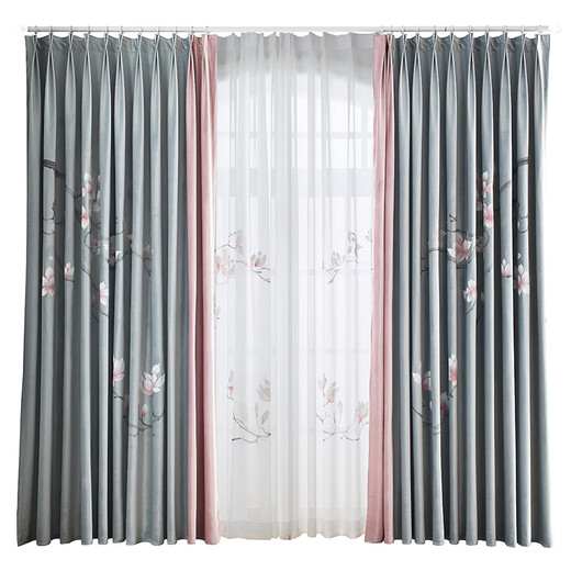 Wen Yijia's new Chinese style curtains, creative hand-painted magnolia flocking cloth, living room and bedroom, high-end Zen Chinese style window screen, gray blue, hand-painted velvet cloth - pink flowers, it takes a few meters to take a few pieces (free processing)