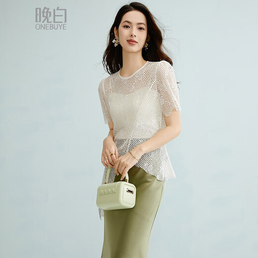 
Late white 2025 summer simple temperament cotton blouse short sleeve hollow print design sense irregular hem T-shirt for women off-white M