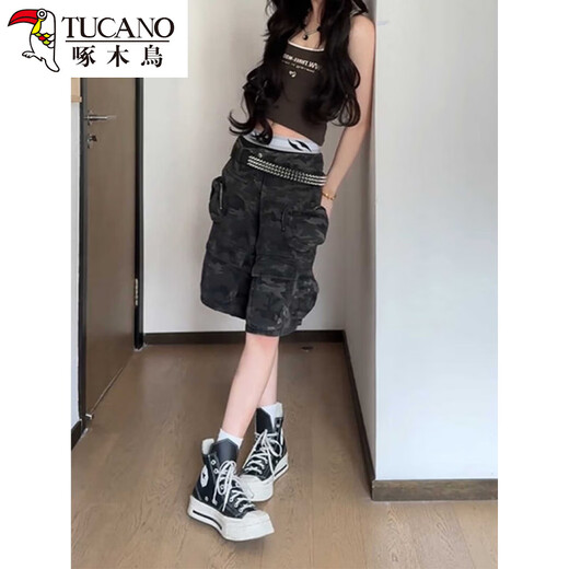 啄木鸟辣妹美式高街多口袋牛仔裤女夏天薄款辣妹迷彩工装五分短裤子 五分裤 S 【80-】
