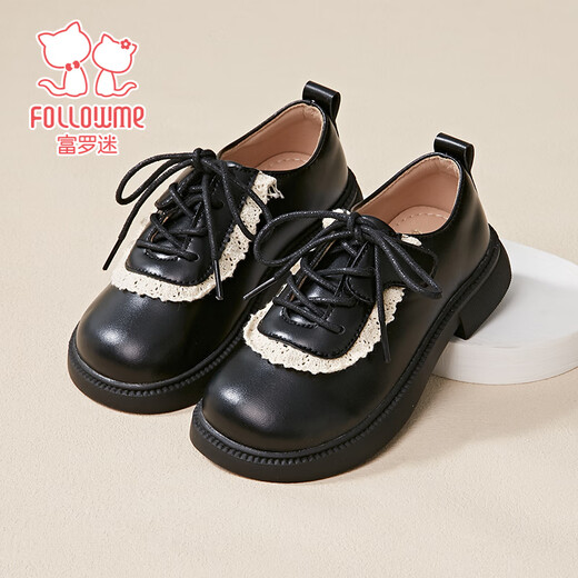 Fuluo Mi Girls' Small Leather Shoes Spring and Autumn Sweet and Fashionable Versatile Shoes Little Girls Campus Fashion Etiquette Shoes Black 33