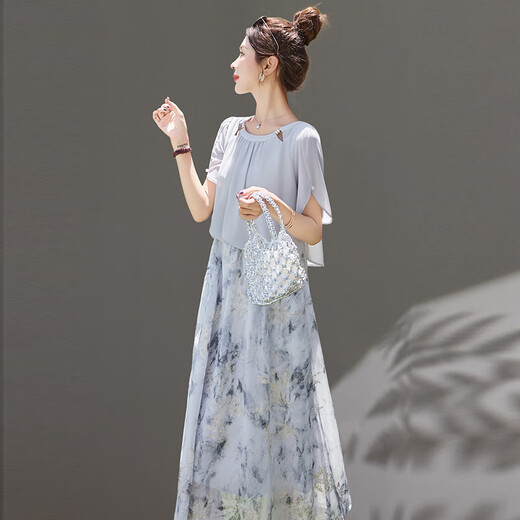 Vestido de marca de lujo de Ehangy Light para mujeres 2025 Summer Nuevo bordado de alta gama Temperamento de moda de empalme de manga corta Skirt Grey M