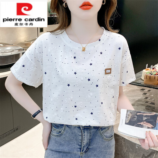 Pierre cardin pure i cotton printed short-sleeved T-shirt for women 2025 summer new loose print design versatile T-shirt top trend 1396# white S suitable for 80-99Jin [Jin equals 0.5 kg]