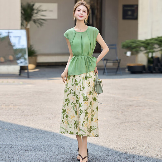 Ehangy轻奢品牌连衣裙女2025夏季新款时尚系带收腰印花无袖设计感裙子 黄色 L