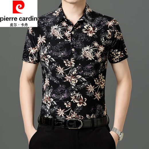 皮尔卡丹（pierre cardin）夏季新款冰丝短袖花衬衫男高级感免烫抗皱休闲印花衬衣中年爸爸装 9898黑色 4XL 190【195-210斤】