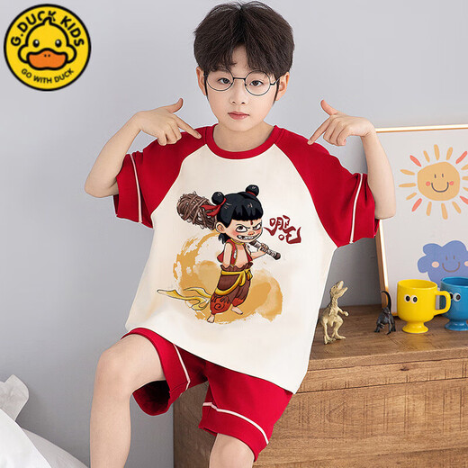 G.DUCKKIDS儿童哪吒睡衣夏季纯棉薄款短袖短裤卡通男孩宝宝夏天中大童家居服 T694哪吒 170 16码  高133-143CM