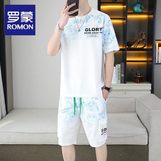 Romon 2025 summer new gradient color short sleeve men's suit youth versatile shorts men casual sports suit men 6187 blue M