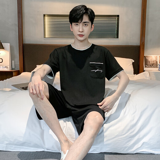 
Ou Miaoyu men's pajamas 2024 new short-sleeved shorts thin summer casual two-piece set home clothing large size 9928# L [Suggested 100-120Jin [Jin equals 0.5 kg]]