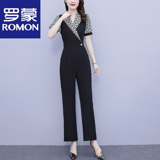 罗蒙（ROMON）时尚气质显高显瘦西装连体裤套装女夏装2025新款连身连衣裤 黑色 XL