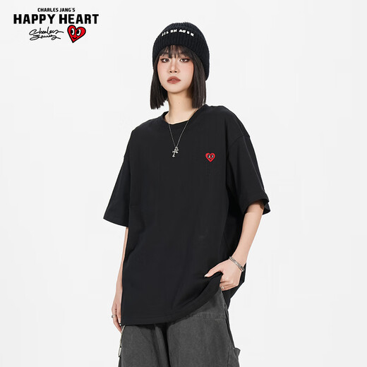 Charles Peach Heart Heavy American Pure Cotton Kurzärmel T-Shirt Print Sommerblumen Nationale Trend Männer und Frauenelbe lose und vielseitig schwarz l
