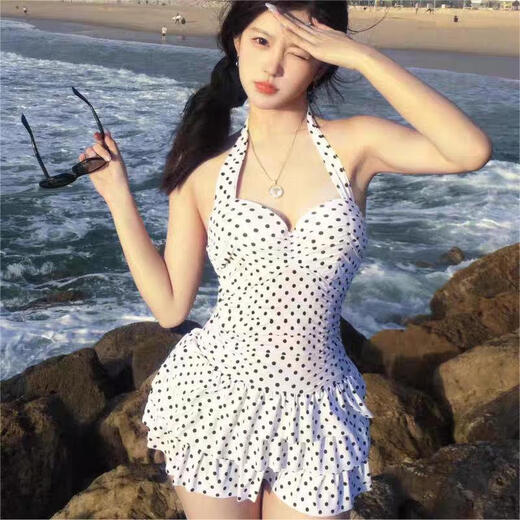 Bai Qixin swimsuit female one-piece retro polka dot backless pure desire hot spring conservative slim cover belly sexy 2026 new white polka dot swimsuit one size (recommended 70-120Jin Jin equals 0.5 kg)