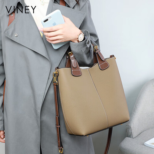 viney牛皮包包女包大容量水桶包轻奢手提斜挎包生日礼物品牌送女友老婆