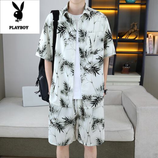 花花公子（PLAYBOY）痞帅衬衣一套男夏季冰丝套装感花衬衫短袖短裤沙滩两件套搭配 679白色套装 M 110斤以内