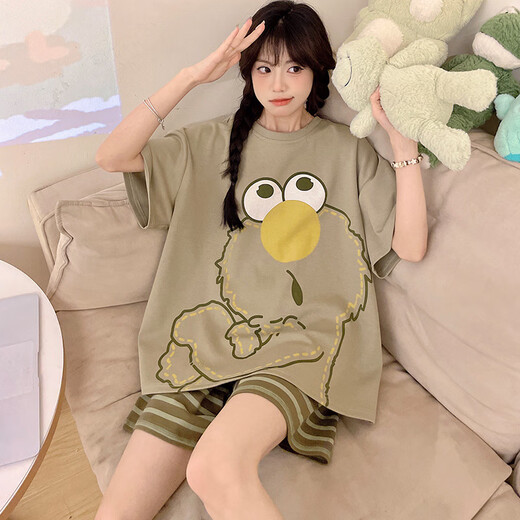 Xushansi Internet Celebrity Style Pyjamas für Frauen große Größe 200 Jin [Jin ist gleich 0,5 kg] Sommer kurzärmelige Shorts süß und niedlich fett mm Home Kleidung Neue Sommerstil 679 Grüne Dinosaurier M Empfohlen 80-90 Jin [Jin gleich 0,5 kg]