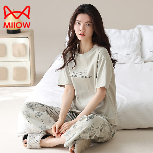 Catman (MiiOW) pajamas for women in summer pure cotton short-sleeved trousers thin cotton summer ladies home clothing suit spring and autumn YZT9712 short.sleeved long.trousers M 80-100Jin [Jin equals 0.5 kg]