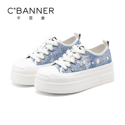 千百度 C°BANNER夏季透气网面时尚百搭帆布鞋女板鞋轻便增高运动休闲鞋厚底鞋 蓝色 38 (240mm)