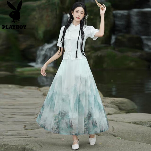 
Playboy; PLAYBOY new Chinese jacquard retro stand collar button Chinese style short-sleeved top one-piece national trend printed horse-face skirt suit for women 2375 white + 2396 green + 12187 white M