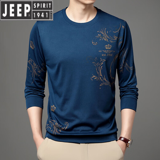 JEEP SPIRIT中青年男士夏季冰丝长袖t恤薄款圆领2023新款中年男打底衫体恤潮 B6627上青 M 165/105/48100-120斤