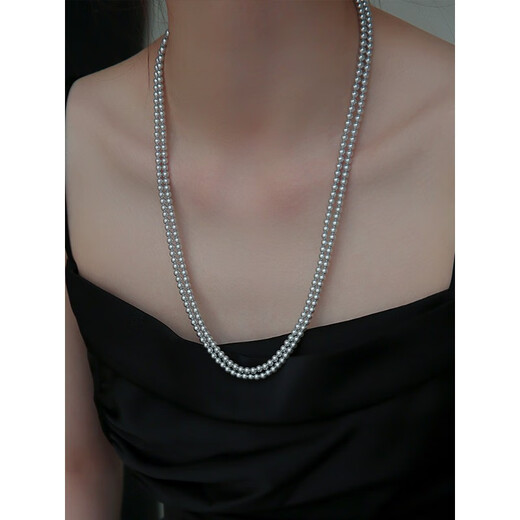 QUAMER Xiaoxiang Style Shijiazhen Hemp Platinum Gray Pearl Necklace for Women Long Sweater Chain Multi-layer Wearing Female Niche 4mm Hemp + Magnetic Cuff (120cm)