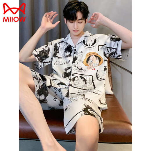 Catman (MiiOW) ice silk pajamas men's summer short-sleeved pants thin young boys summer men's home clothes 2025 new set 12532 [Yunduo Cotton Crepe] M (suggested height 165, weight 90-1
