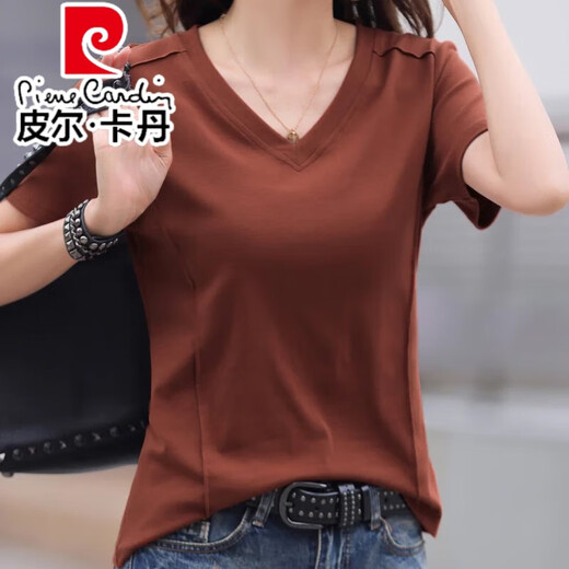 皮尔卡丹（pierre cardin）时尚休闲v领纯棉正肩短袖T恤女夏季韩版新款宽松黑色短袖薄款体恤 酒红色纯棉9855 S 85-95斤