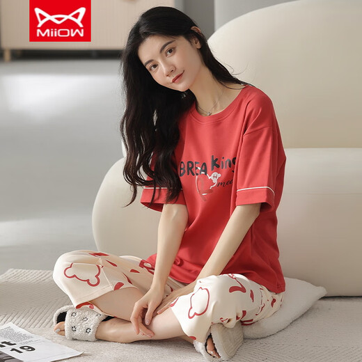 Catman Miiow Pure Cotton Pyjamas für Frauen Sommer kurzärmeligte Hosen Sportstil locker und lässig können außerhalb des Frühlings-Hausbekleidungsanzugs T-9856 (kurzer Anzug) M (80-Jin [Jin gleich 0,5 kg]) getragen werden)