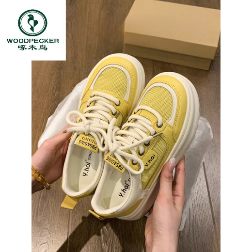 Woodpecker thick-soled shoes for women yellow shoes 2025 new summer thin mesh breathable versatile casual sneakers yellow 36