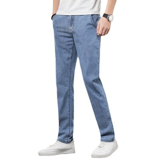 LEE KIDS trendy jeans men's elastic loose soft ice silk men's Korean style slim straight solid color casual long trousers 9866 light blue 38 (3 feet) 200 Jin [Jin equals 0.5 kg]