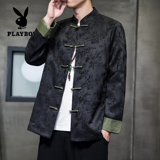 花花公子（PLAYBOY）新中式唐装男中国风秋冬季长袖夹克复古盘扣汉服宽松大码男士外套 Y756黑色 L 120-135斤