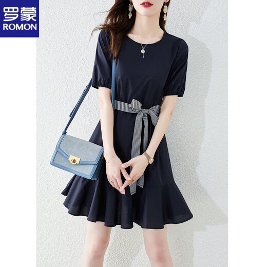 Romon (Romon) Robe de chemise réductrice d'âge mature légère avec été à volants 2025 Nouveau style marte à la taille et minceur de petite jupe A-Line Blue Navy XL 115-125Jin [Jin est égal à 0,5 kg]
