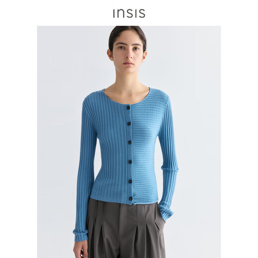 INSISFEMME Australian Merinosmile 2025 autumn wool round neck wool striped cardigan for women Greenland white L