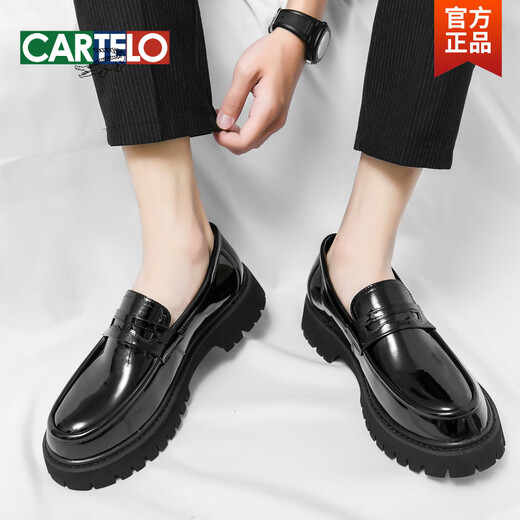 CARTELO men's loafers 2025 spring men's shoes heightened thick sole shiny trendy leather shoes lazy beans shoes 3519 black high quality version 38