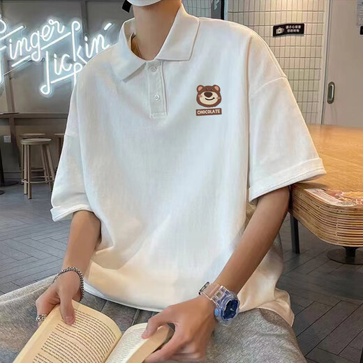 Semir American heavy lapel polo shirt men's short-sleeved summer ins trendy brand casual loose half-sleeved T-shirt top [3899-Lion Dance] White M 80-110Jin [Jin equals 0.5 kg]
