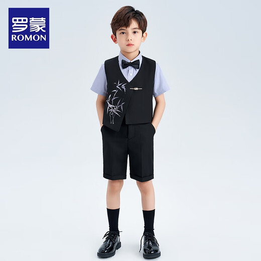 罗蒙男童西装套装钢琴演出服主持人新中式国风西服儿童礼服 黑色140