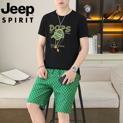 吉普（JEEP）短袖套装男夏季新款潮流休闲时尚男士圆领烫钻t恤休闲两件套 T9909黑色【短袖+短裤】 M 90-110斤