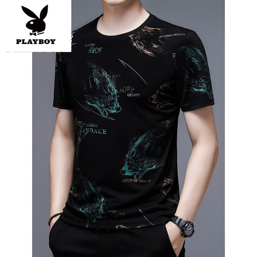 花花公子（PLAYBOY）短袖t恤男士2025新款夏季潮流冰感桑蚕丝棉体恤新品 13807#蓝色 冰丝短.袖T恤 M 165 100-115斤