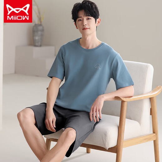 Catman Miiow New Herren Pyjamas Summer Shorts Shorts Modal Cool Thin Style Plus Size Rund Neck 9713 L [Gewicht 100-120 Jin [Jin entspricht 0,5 kg]]]
