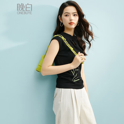 晚白2025年夏款时尚简约气质上衣气质新中式莱赛尔针织衫女 黑色 S